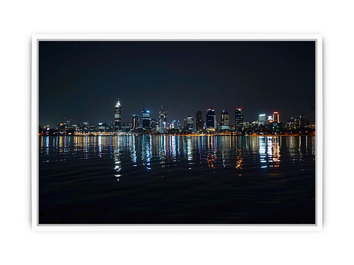 Night city skyline artwork with reflections for modern office decor.