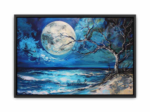 Moonlit ocean artwork for calming bedroom decor.