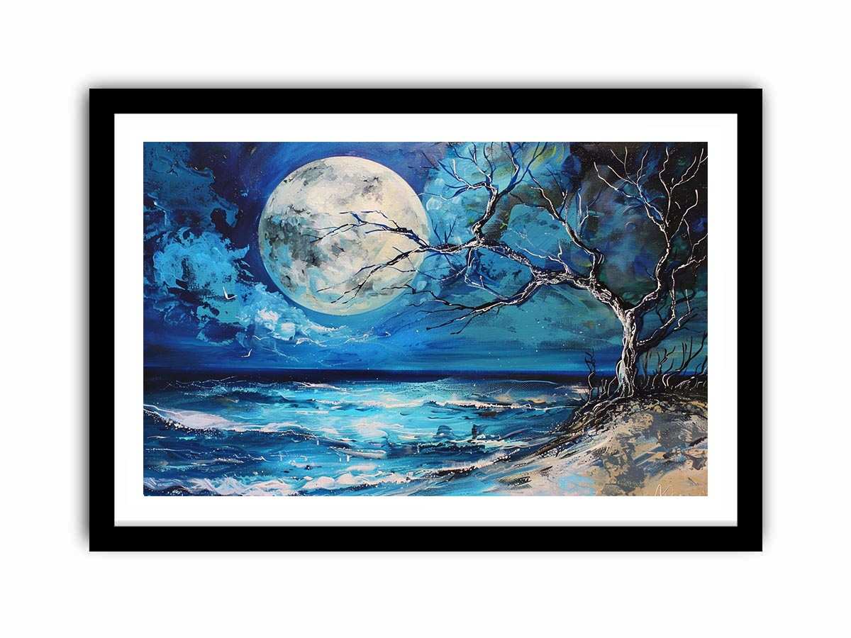 Moonlit ocean artwork for calming bedroom decor.