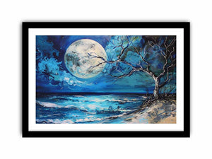 Moonlit ocean artwork for calming bedroom decor.