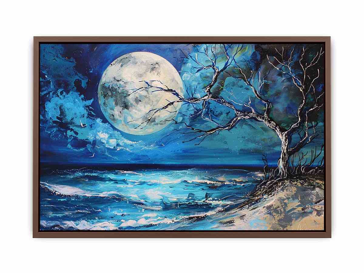Moonlit ocean artwork for calming bedroom decor.