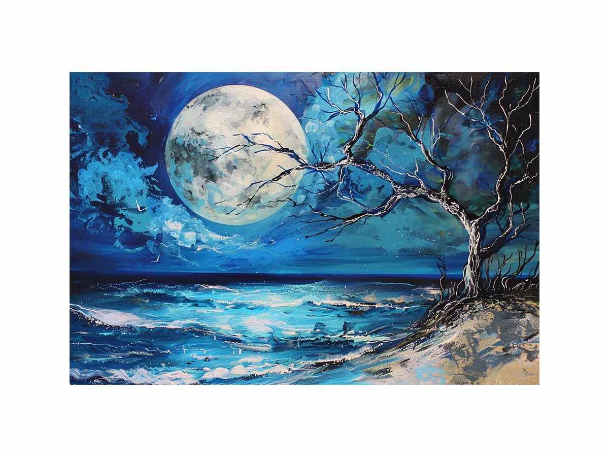 Moonlit ocean artwork for calming bedroom decor.