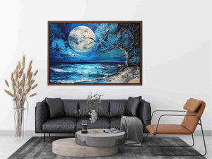 Moonlit ocean artwork for calming bedroom decor.