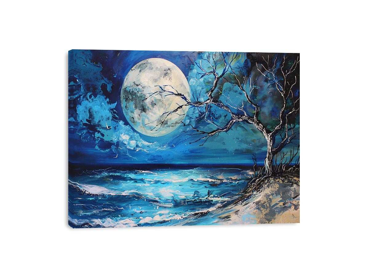 Moonlit ocean artwork for calming bedroom decor.