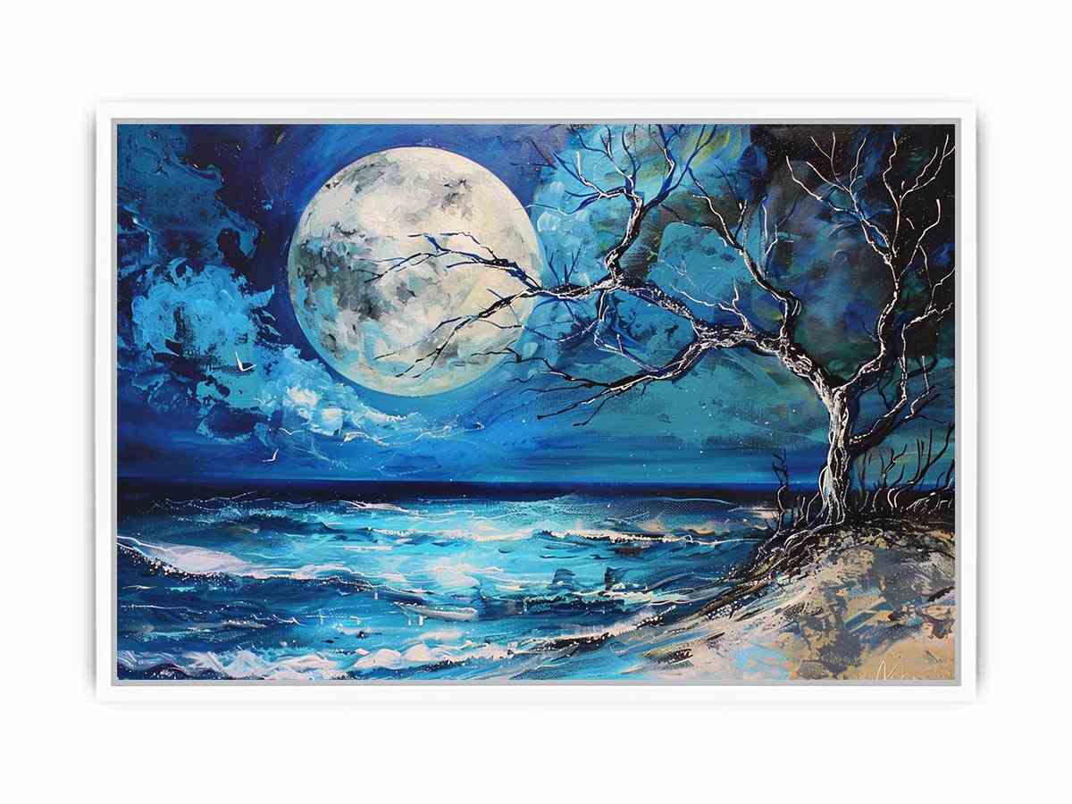 Moonlit ocean artwork for calming bedroom decor.