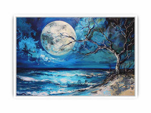 Moonlit ocean artwork for calming bedroom decor.