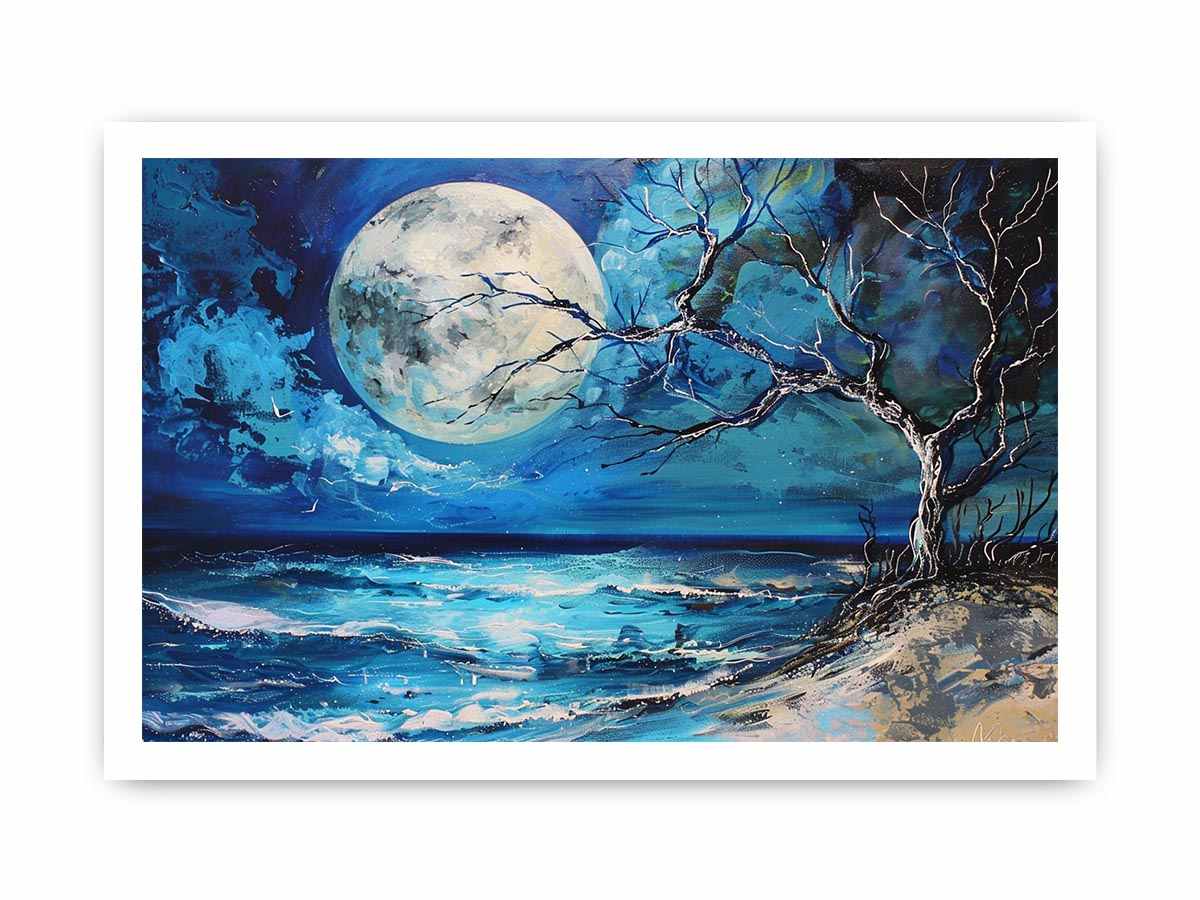 Moonlit ocean artwork for calming bedroom decor.