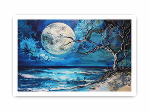 Moonlit ocean artwork for calming bedroom decor.
