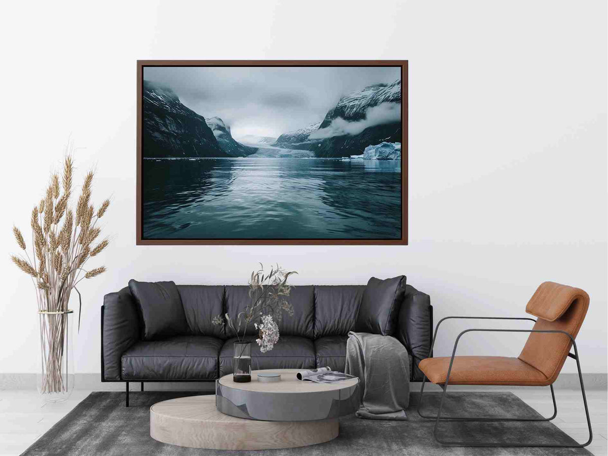 Glacier fjord photography artwork for modern office decor.