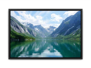 Mountain fjord landscape photography with reflective lake for modern living room decor