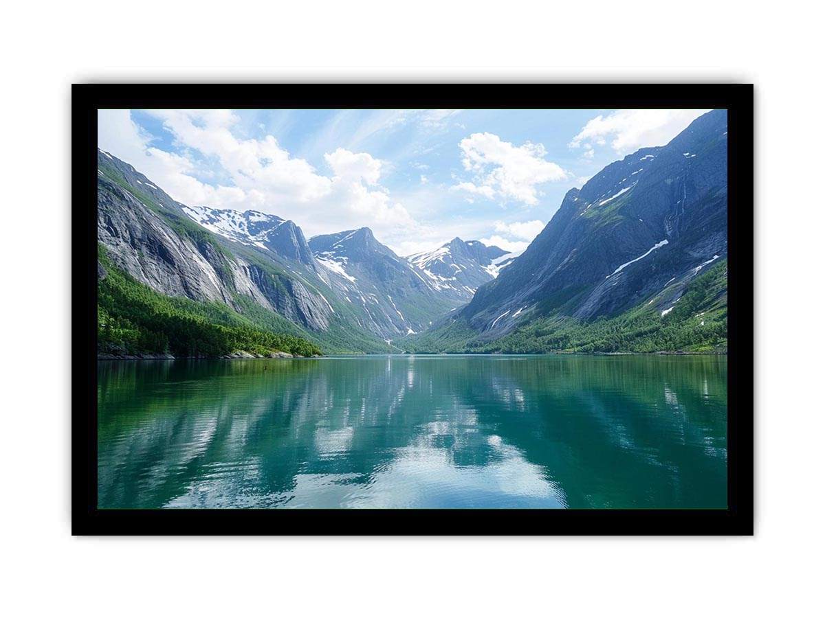 Mountain fjord landscape photography with reflective lake for modern living room decor