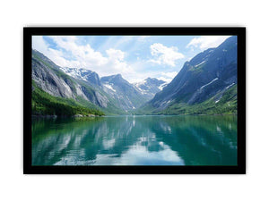 Mountain fjord landscape photography with reflective lake for modern living room decor