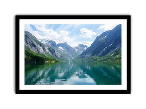 Mountain fjord landscape photography with reflective lake for modern living room decor