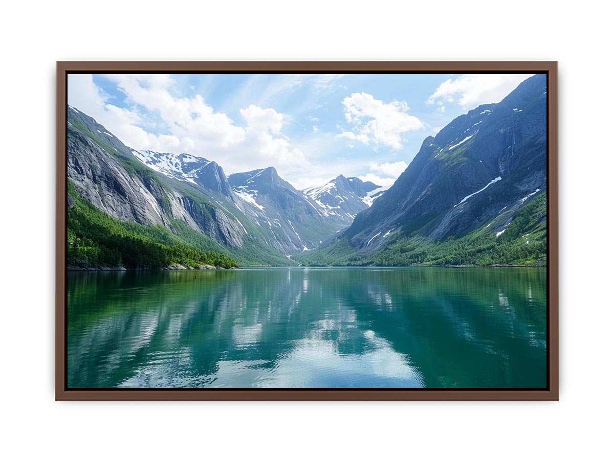 Mountain fjord landscape photography with reflective lake for modern living room decor