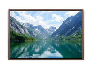 Mountain fjord landscape photography with reflective lake for modern living room decor