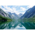 Mountain fjord landscape photography with reflective lake for modern living room decor