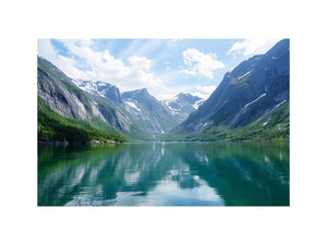 Mountain fjord landscape photography with reflective lake for modern living room decor