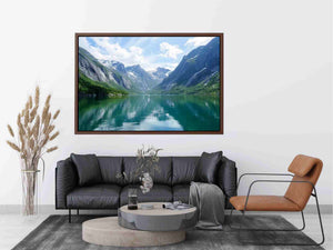 Mountain fjord landscape photography with reflective lake for modern living room decor