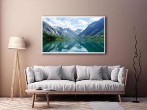 Mountain fjord landscape photography with reflective lake for modern living room decor