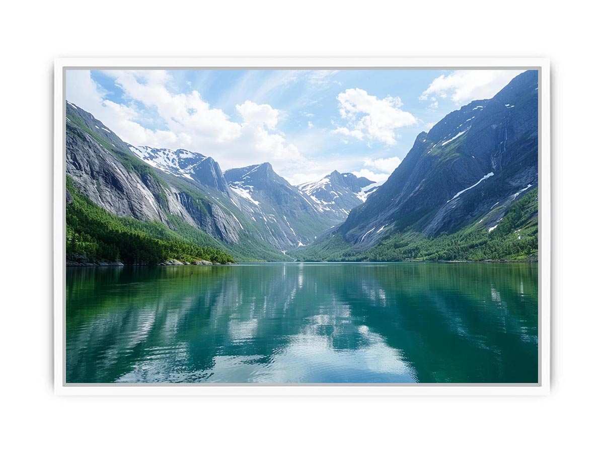 Mountain fjord landscape photography with reflective lake for modern living room decor