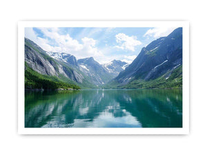 Mountain fjord landscape photography with reflective lake for modern living room decor