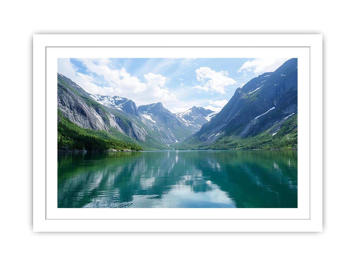 Mountain fjord landscape photography with reflective lake for modern living room decor
