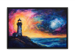 Coastal lighthouse canvas art with moonlit ocean and dramatic sunset sky for living room decor.
