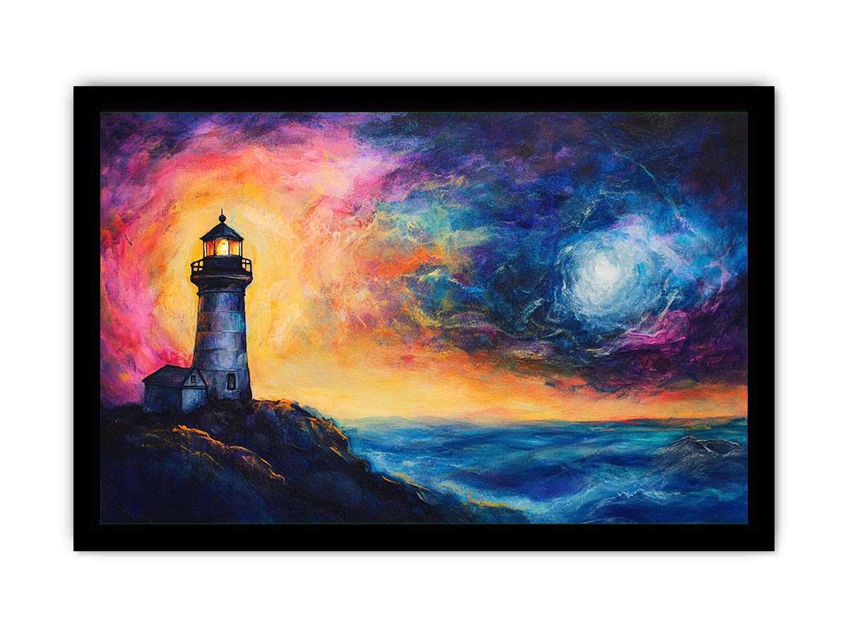 Coastal lighthouse canvas art with moonlit ocean and dramatic sunset sky for living room decor.