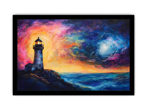 Coastal lighthouse canvas art with moonlit ocean and dramatic sunset sky for living room decor.