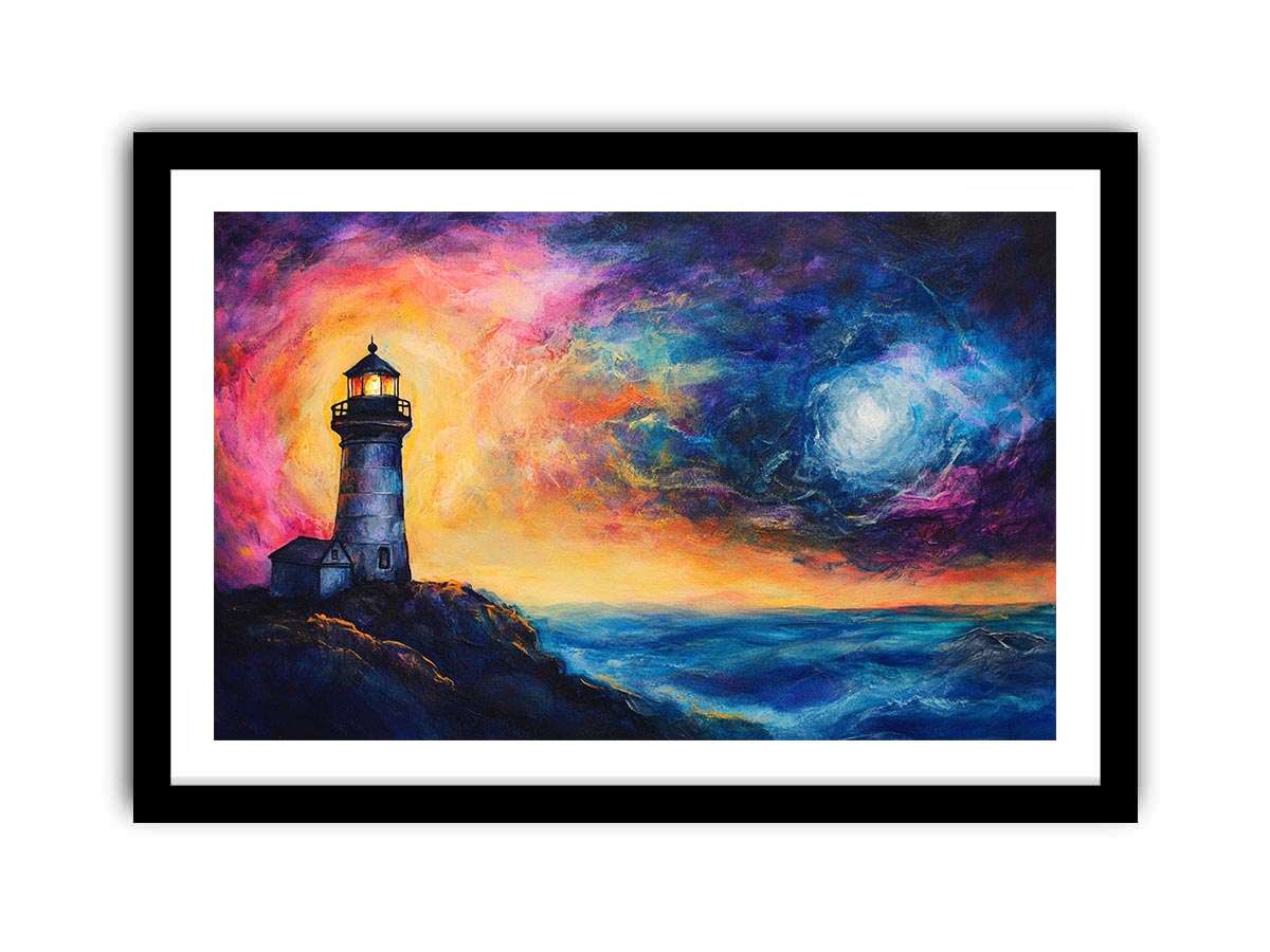 Coastal lighthouse canvas art with moonlit ocean and dramatic sunset sky for living room decor.