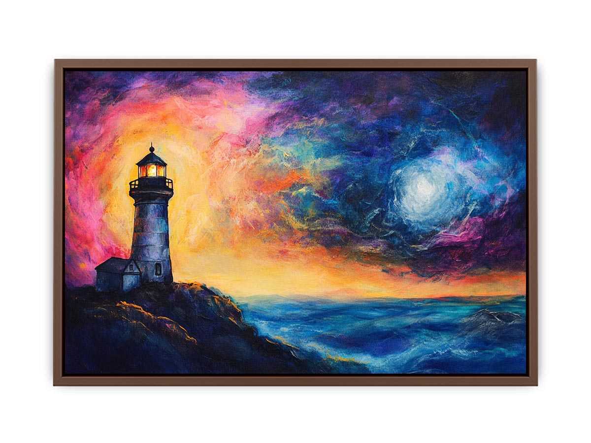 Coastal lighthouse canvas art with moonlit ocean and dramatic sunset sky for living room decor.