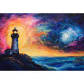 Coastal lighthouse canvas art with moonlit ocean and dramatic sunset sky for living room decor.
