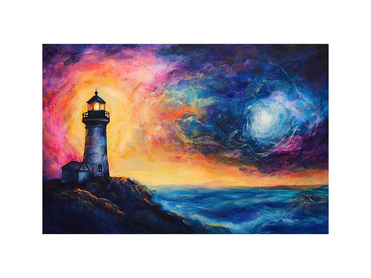 Coastal lighthouse canvas art with moonlit ocean and dramatic sunset sky for living room decor.