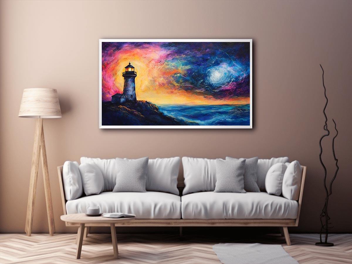 Coastal lighthouse canvas art with moonlit ocean and dramatic sunset sky for living room decor.