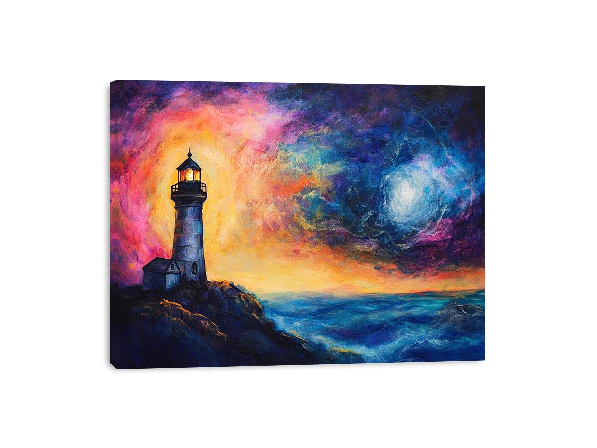 Coastal lighthouse canvas art with moonlit ocean and dramatic sunset sky for living room decor.