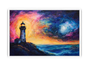 Coastal lighthouse canvas art with moonlit ocean and dramatic sunset sky for living room decor.