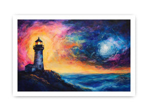 Coastal lighthouse canvas art with moonlit ocean and dramatic sunset sky for living room decor.
