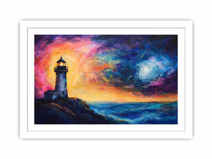 Coastal lighthouse canvas art with moonlit ocean and dramatic sunset sky for living room decor.