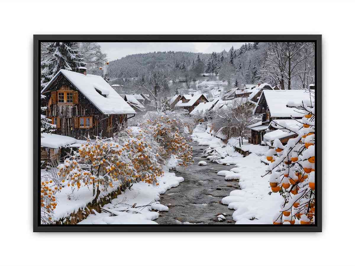 Snowy village creek photography for cozy farmhouse living room decor