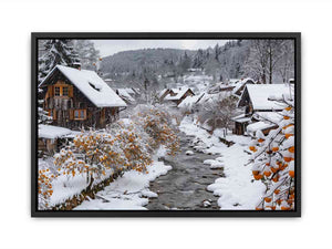 Snowy village creek photography for cozy farmhouse living room decor