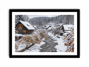 Snowy village creek photography for cozy farmhouse living room decor