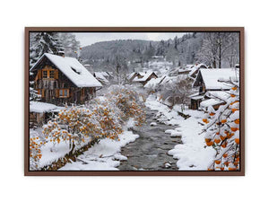 Snowy village creek photography for cozy farmhouse living room decor