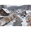 Snowy village creek photography for cozy farmhouse living room decor