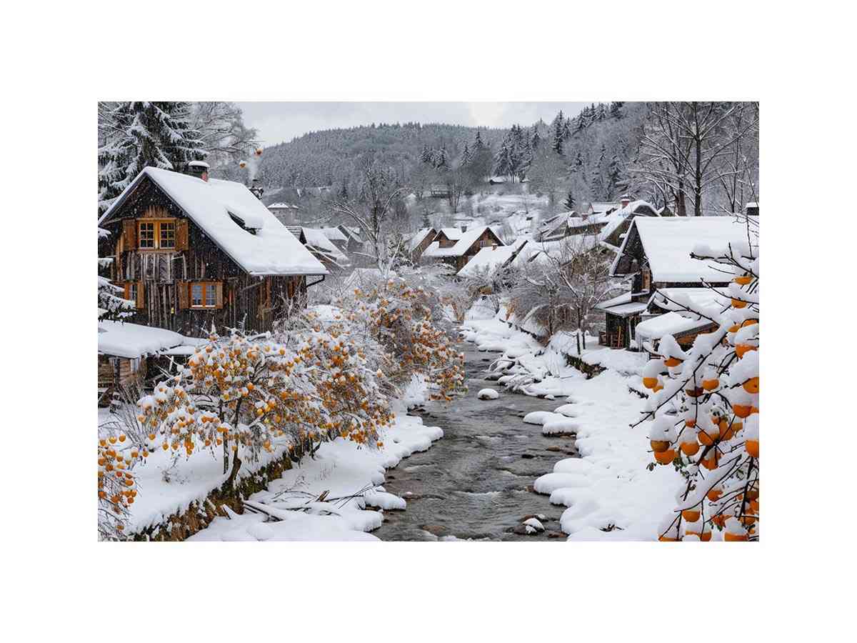 Snowy village creek photography for cozy farmhouse living room decor