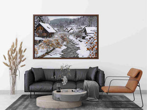 Snowy village creek photography for cozy farmhouse living room decor