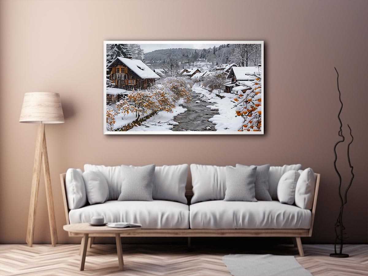 Snowy village creek photography for cozy farmhouse living room decor