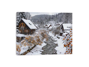 Snowy village creek photography for cozy farmhouse living room decor