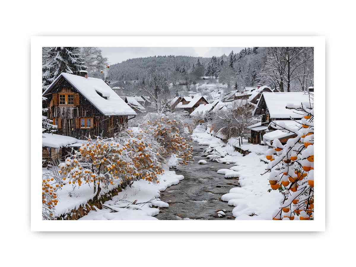Snowy village creek photography for cozy farmhouse living room decor