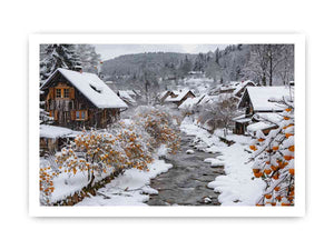 Snowy village creek photography for cozy farmhouse living room decor