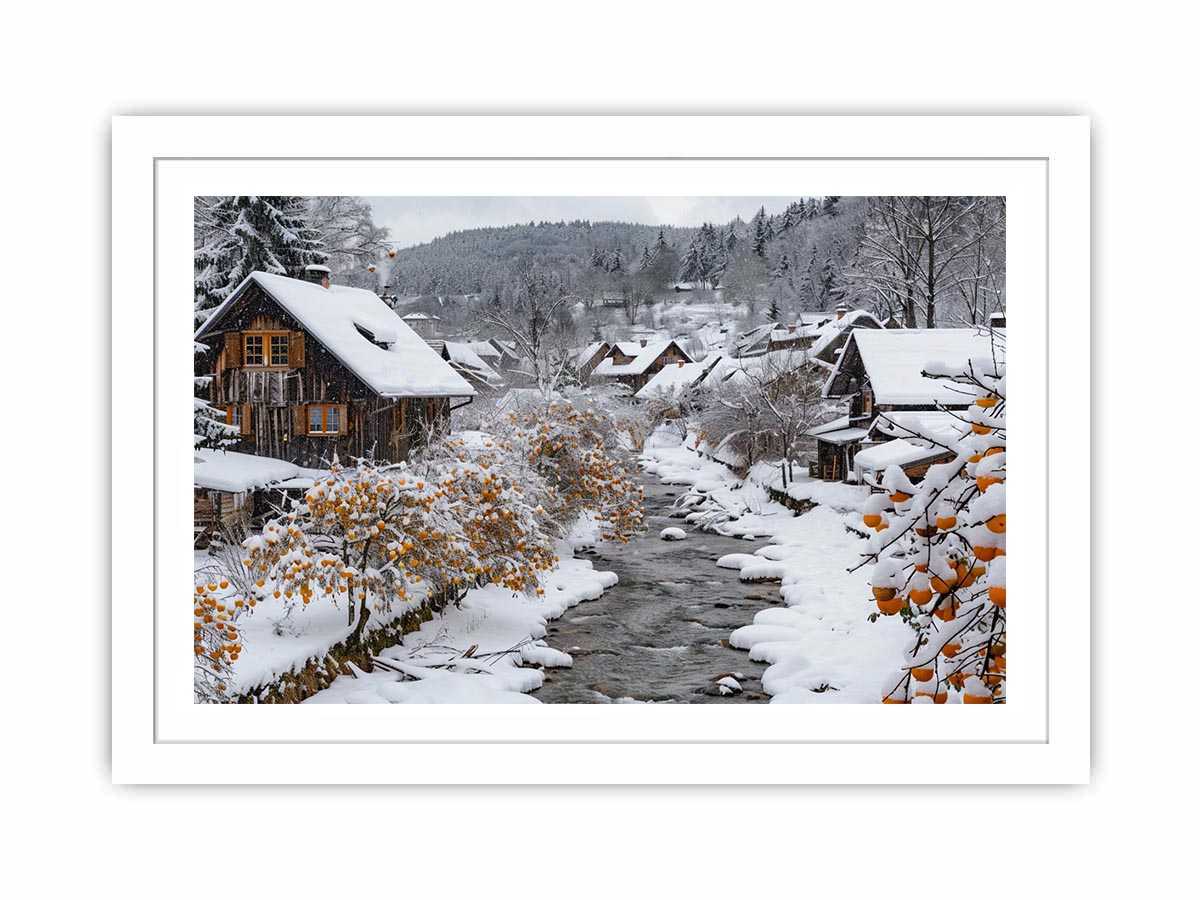 Snowy village creek photography for cozy farmhouse living room decor
